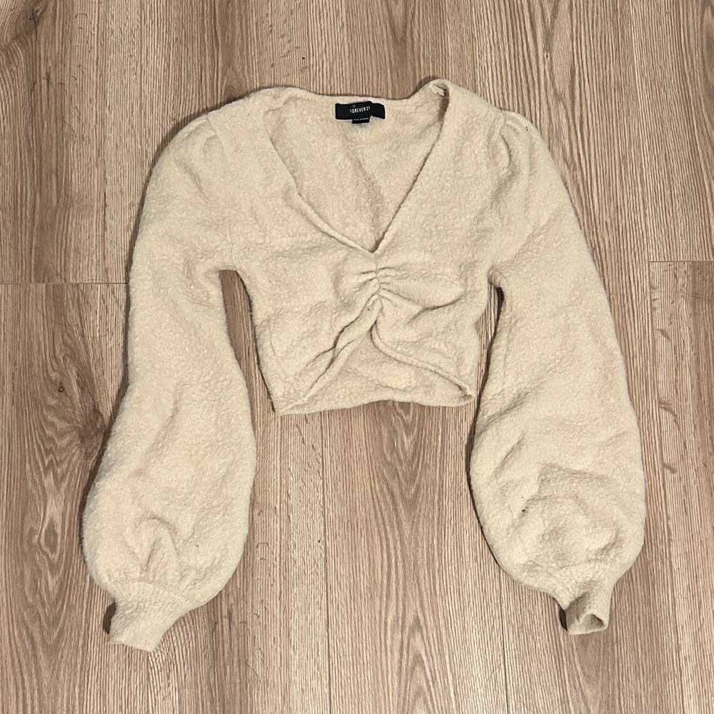 Forever 21 Cream Ruched Sweater Crop Top